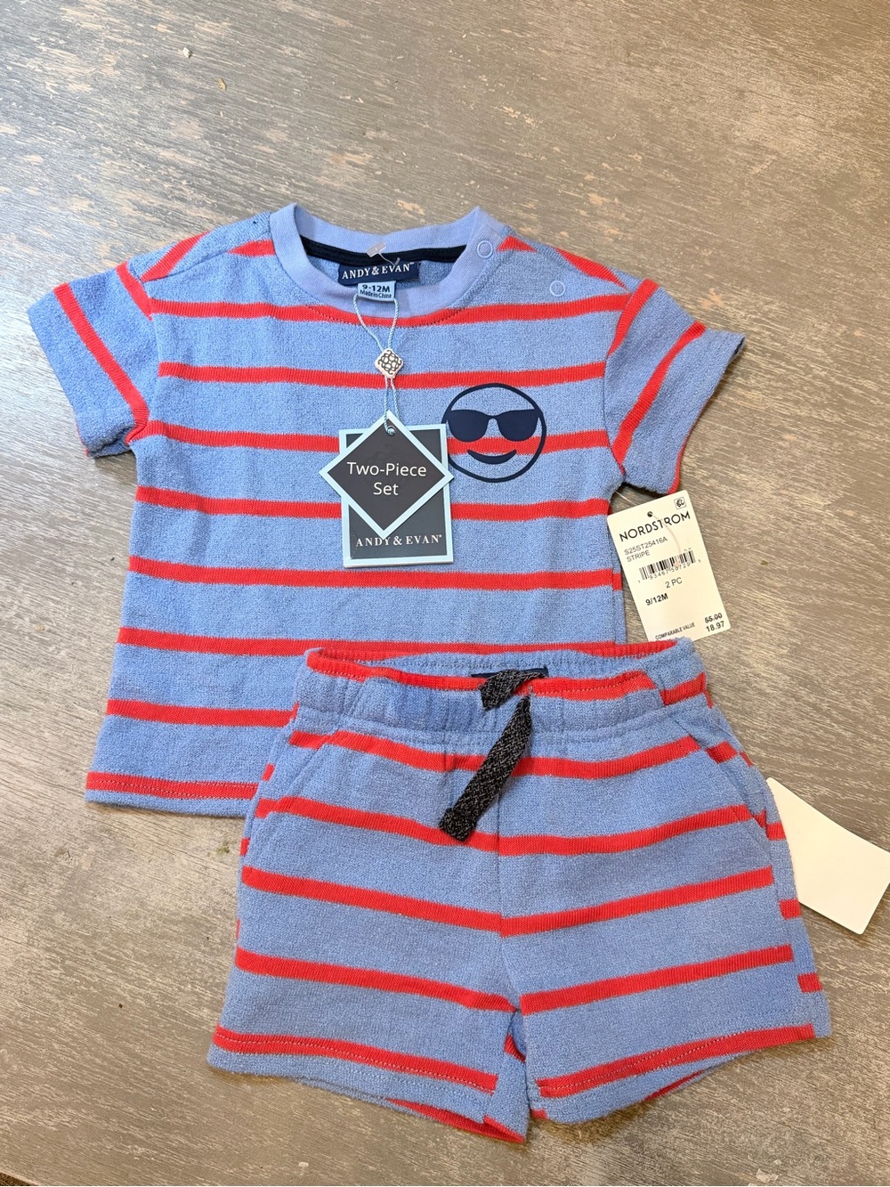Andy & Evan Sky Blue and Red Striped Toddler Two-Piece Set with Smiley Patch